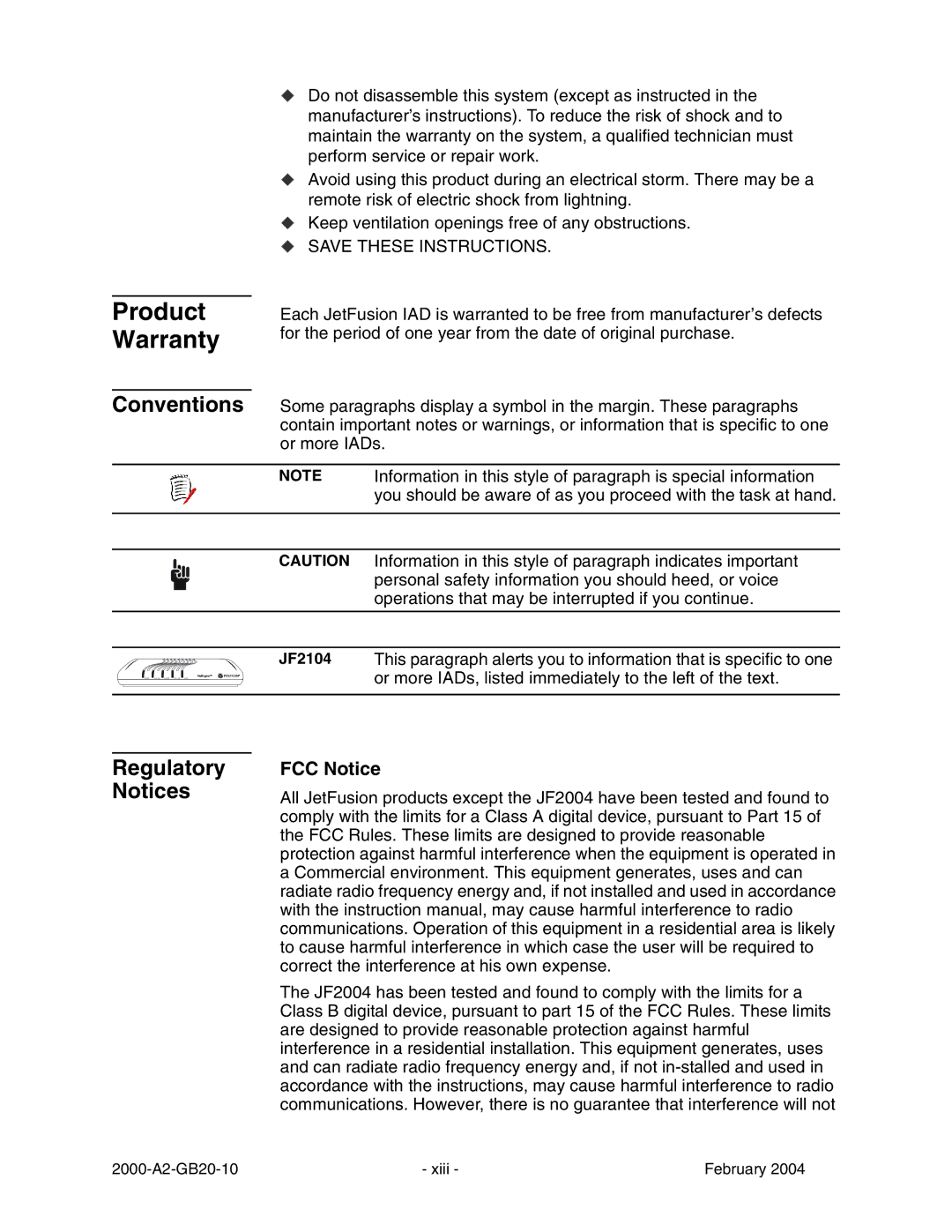 Paradyne JetFusion Integrated Access Device manual Product Warranty, Conventions, Regulatory Notices, FCC Notice 