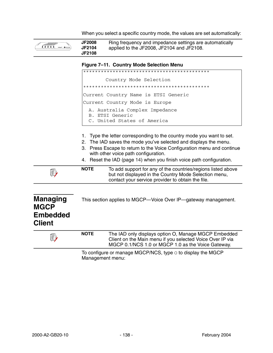 Paradyne JetFusion Integrated Access Device manual Embedded Client, Country Mode Selection Menu 