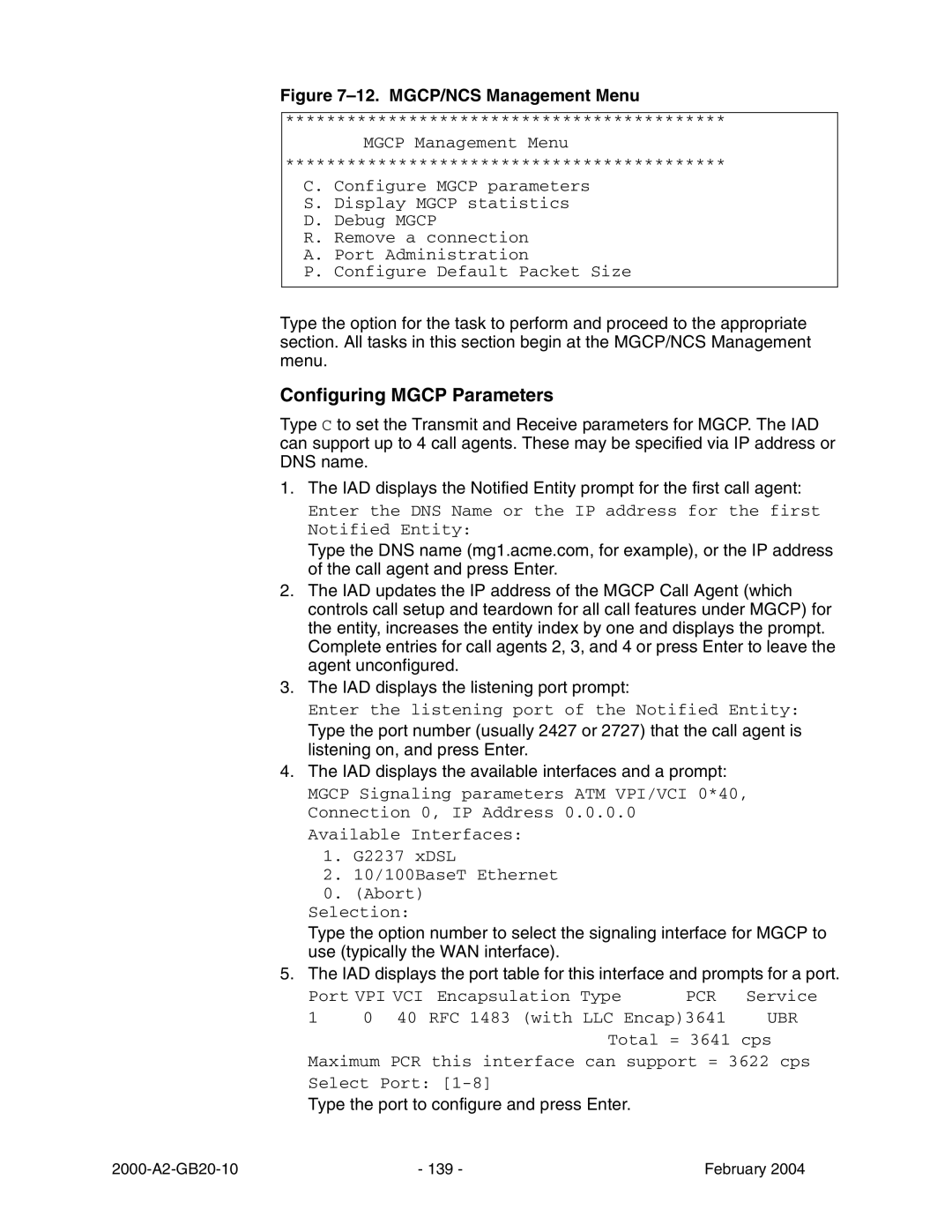 Paradyne JetFusion Integrated Access Device manual Configuring Mgcp Parameters, MGCP/NCS Management Menu 