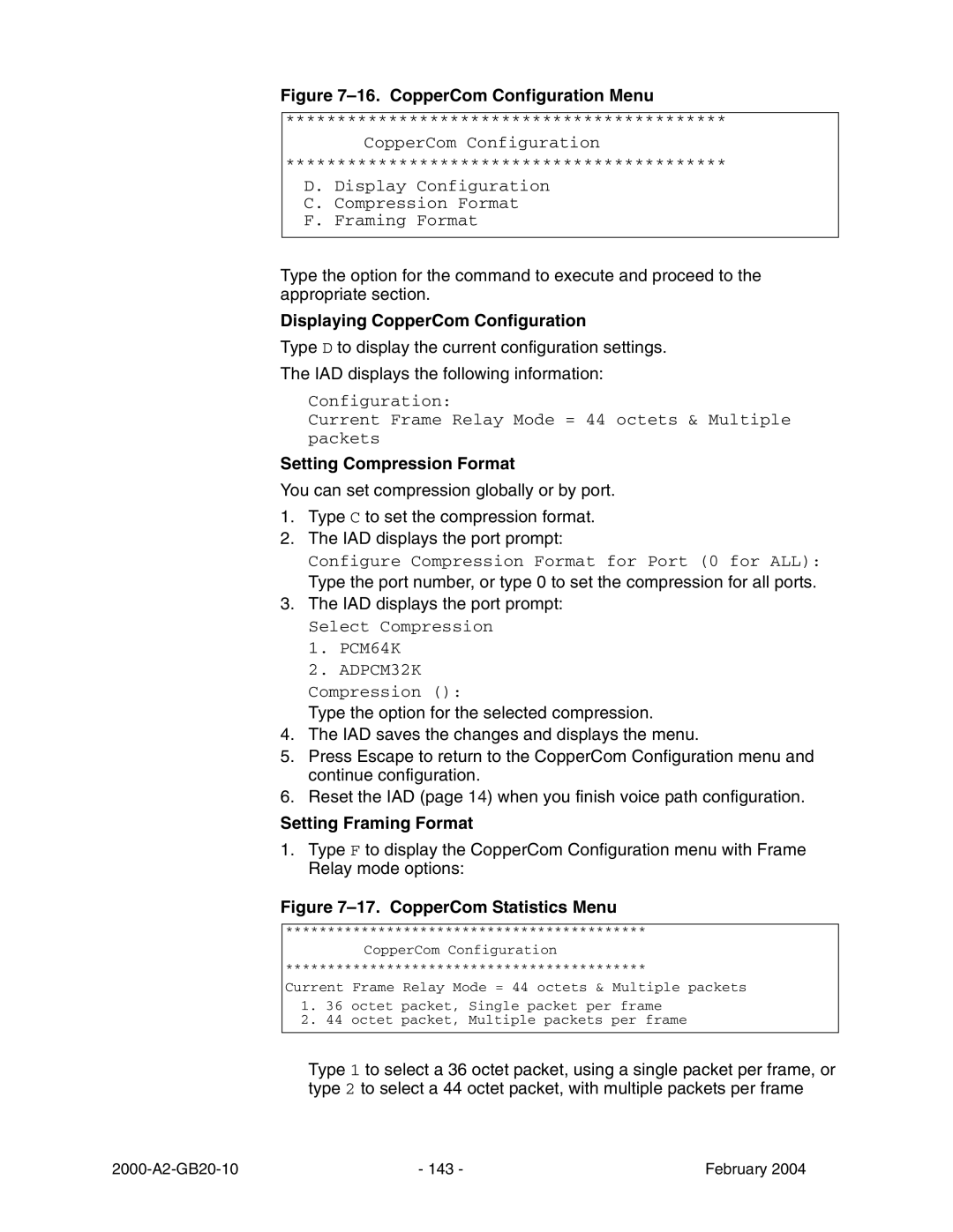 Paradyne JetFusion Integrated Access Device manual Displaying CopperCom Configuration, Setting Compression Format 