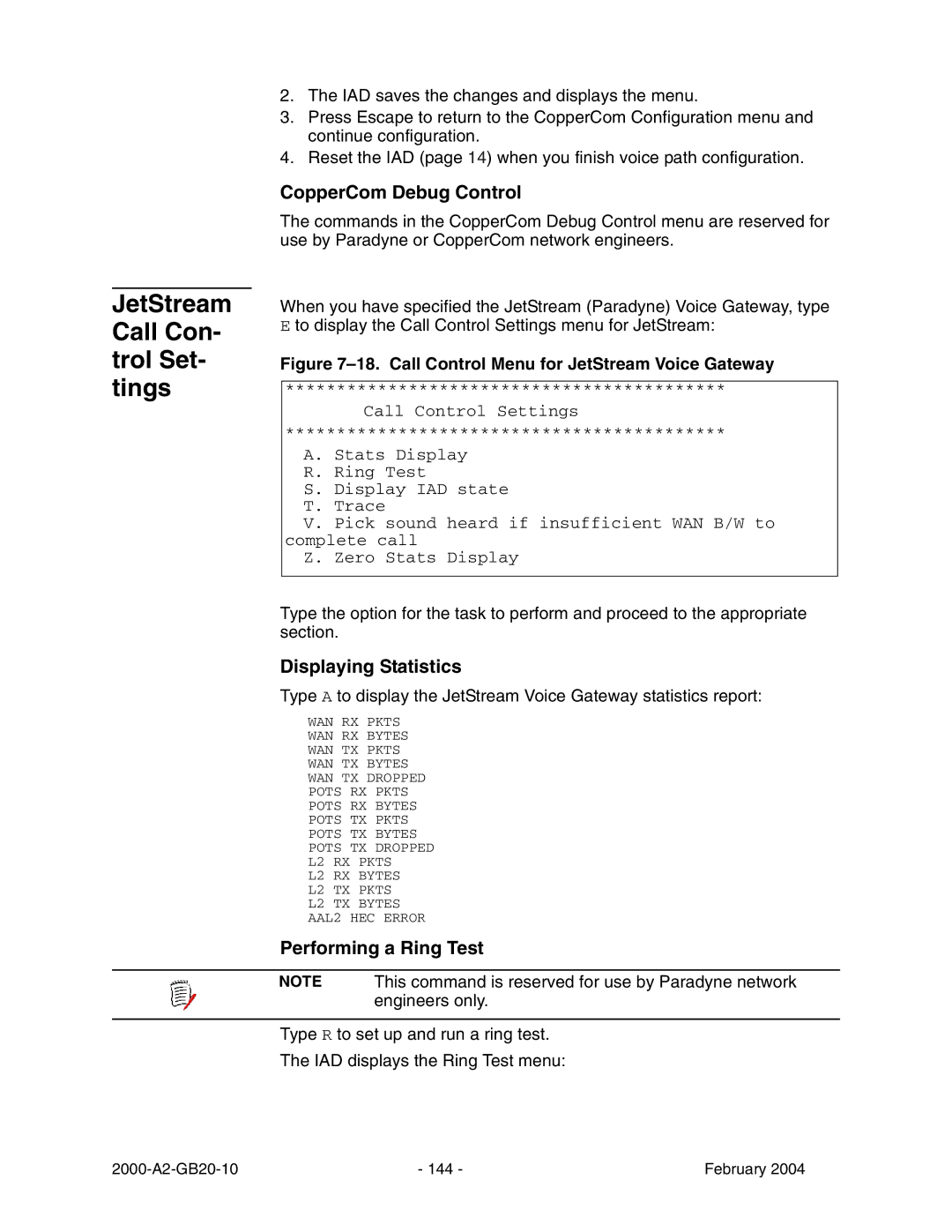 Paradyne JetFusion Integrated Access Device manual JetStream Call Con- trol Set- tings, CopperCom Debug Control 