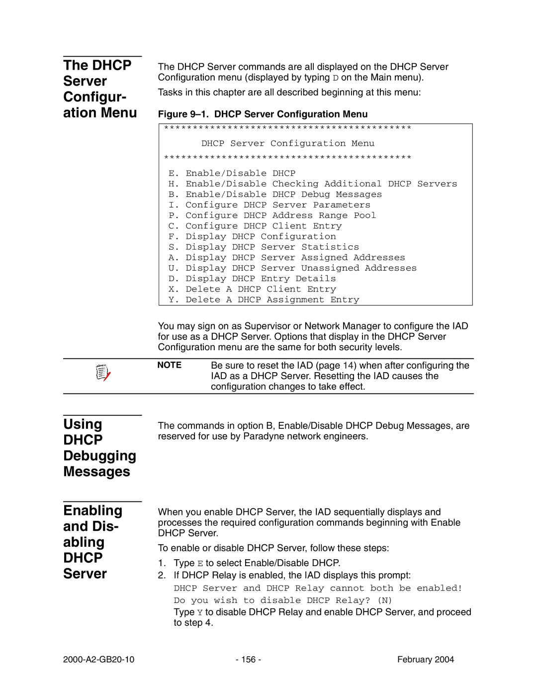 Paradyne JetFusion Integrated Access Device manual Dhcp Server Configur- ation Menu, Using, Debugging Messages 