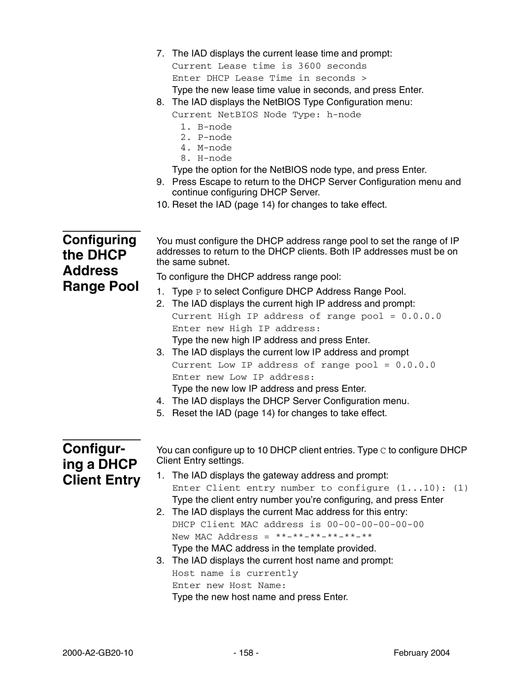 Paradyne JetFusion Integrated Access Device manual Dhcp Address Range Pool Configur- ing a Dhcp Client Entry 