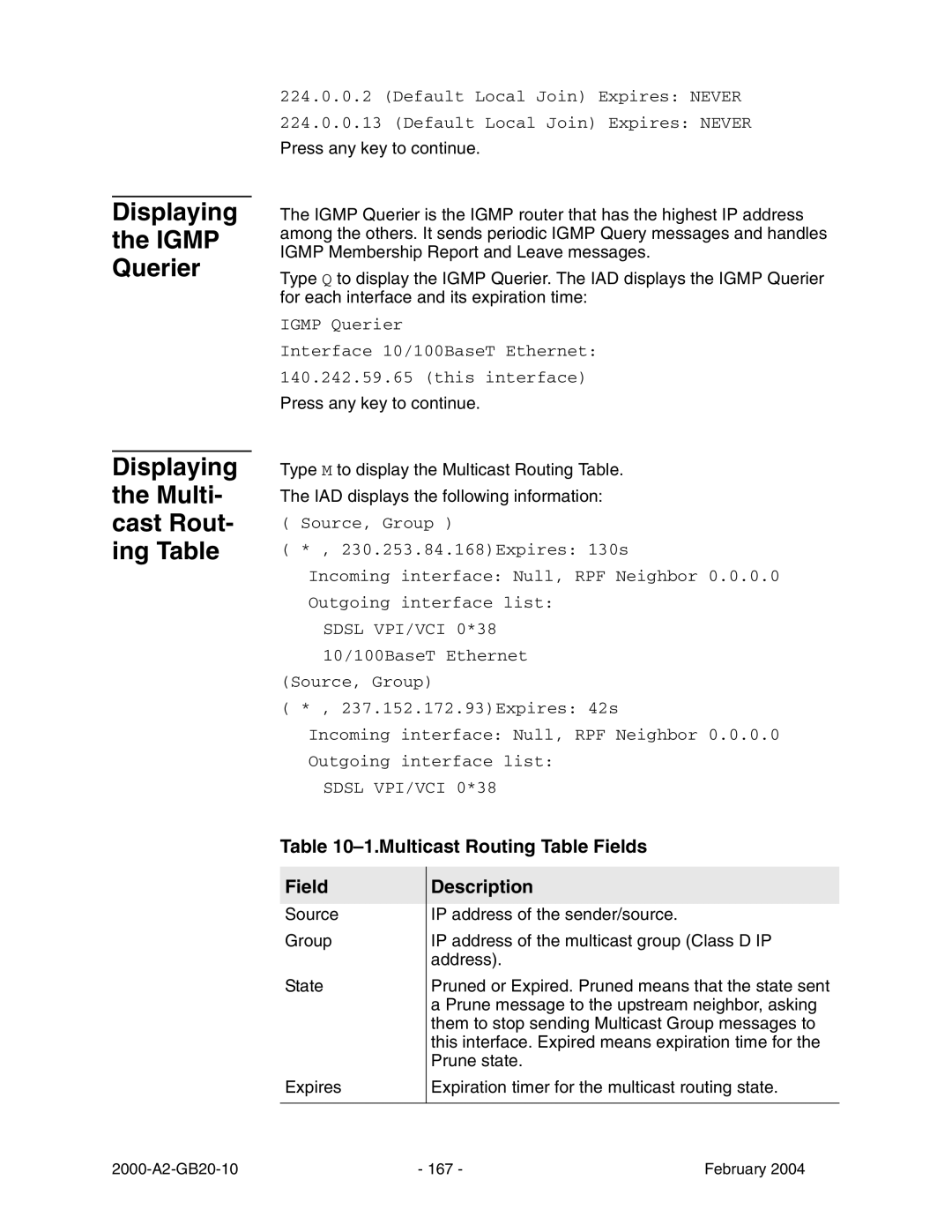 Paradyne JetFusion Integrated Access Device manual Multicast Routing Table Fields Description 