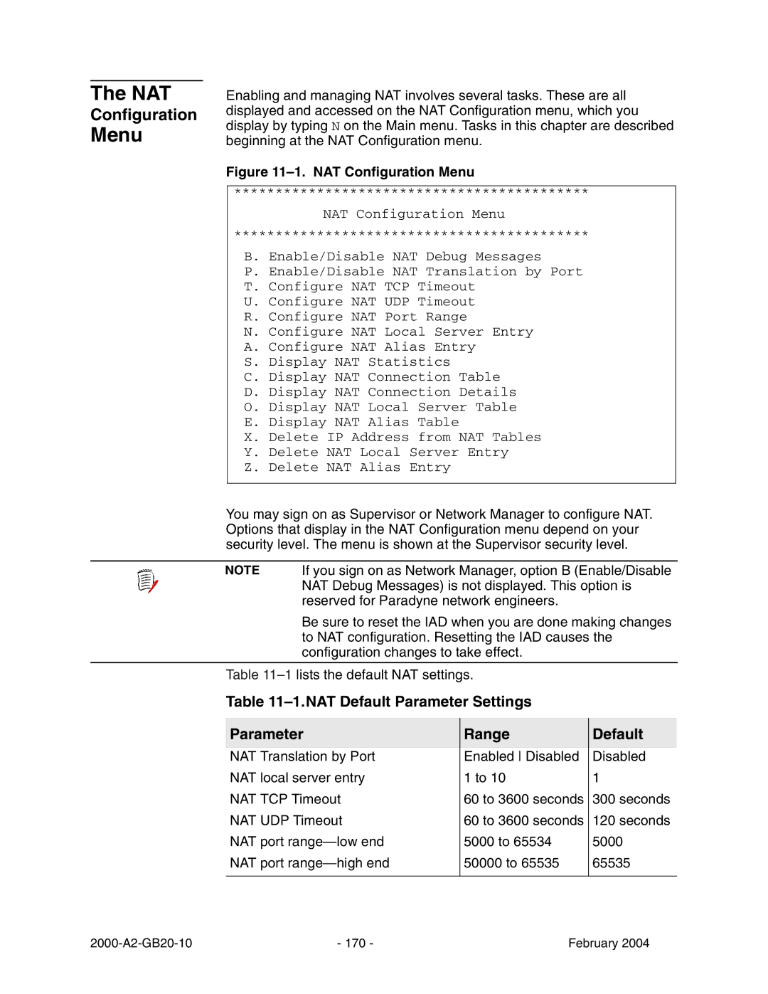 Paradyne JetFusion Integrated Access Device manual Nat, NAT Default Parameter Settings, Range Default 