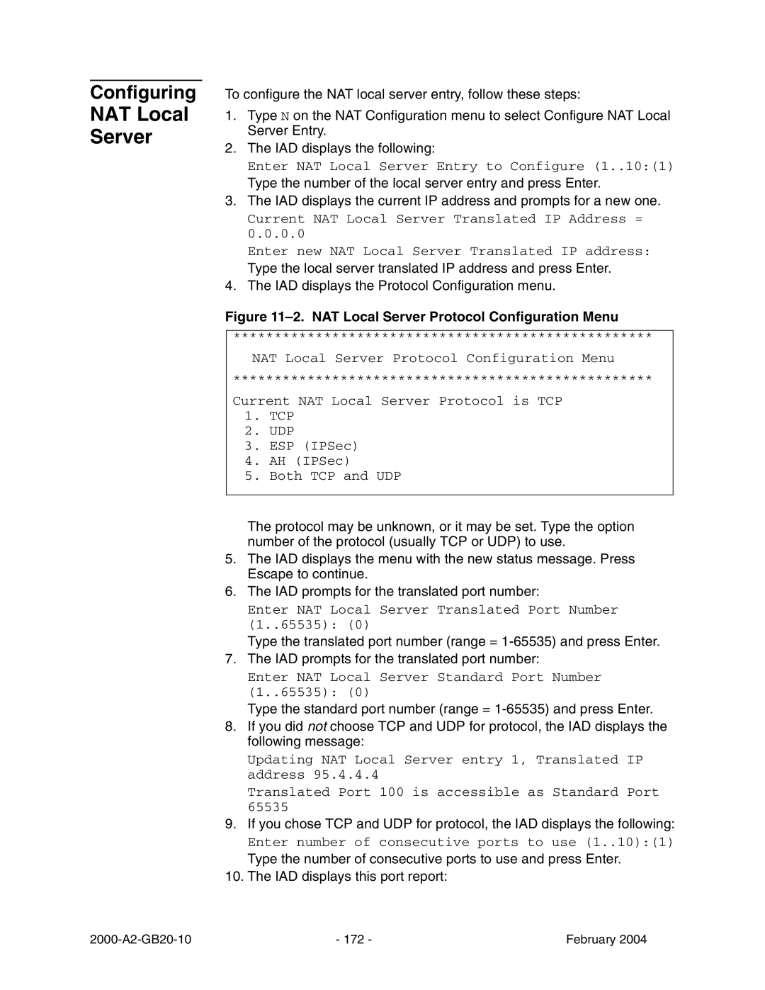 Paradyne JetFusion Integrated Access Device manual NAT Local Server Protocol Configuration Menu 