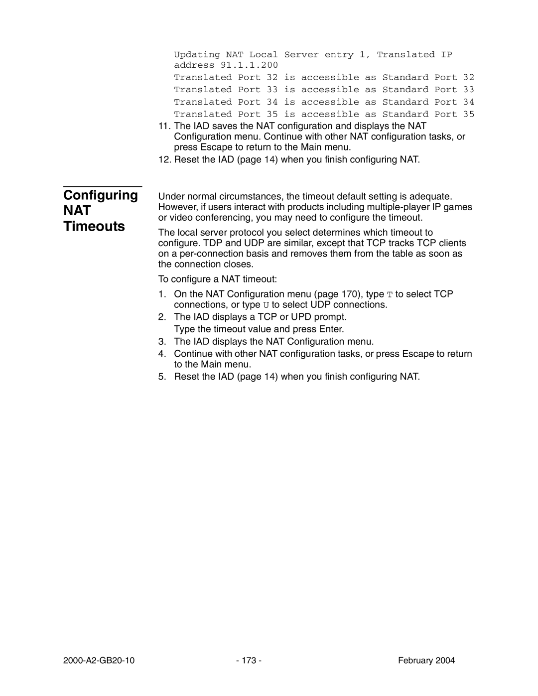 Paradyne JetFusion Integrated Access Device manual NAT Timeouts, Updating NAT Local Server entry 1, Translated IP address 