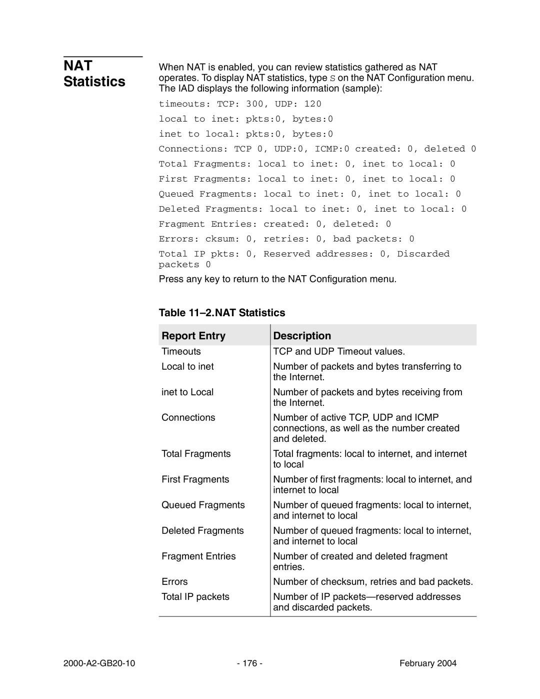 Paradyne JetFusion Integrated Access Device manual NAT Statistics Report Entry 