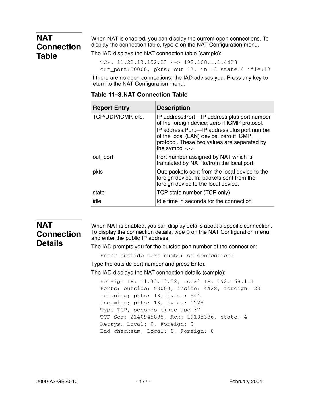 Paradyne JetFusion Integrated Access Device manual Connection Details, NAT Connection Table Report Entry 