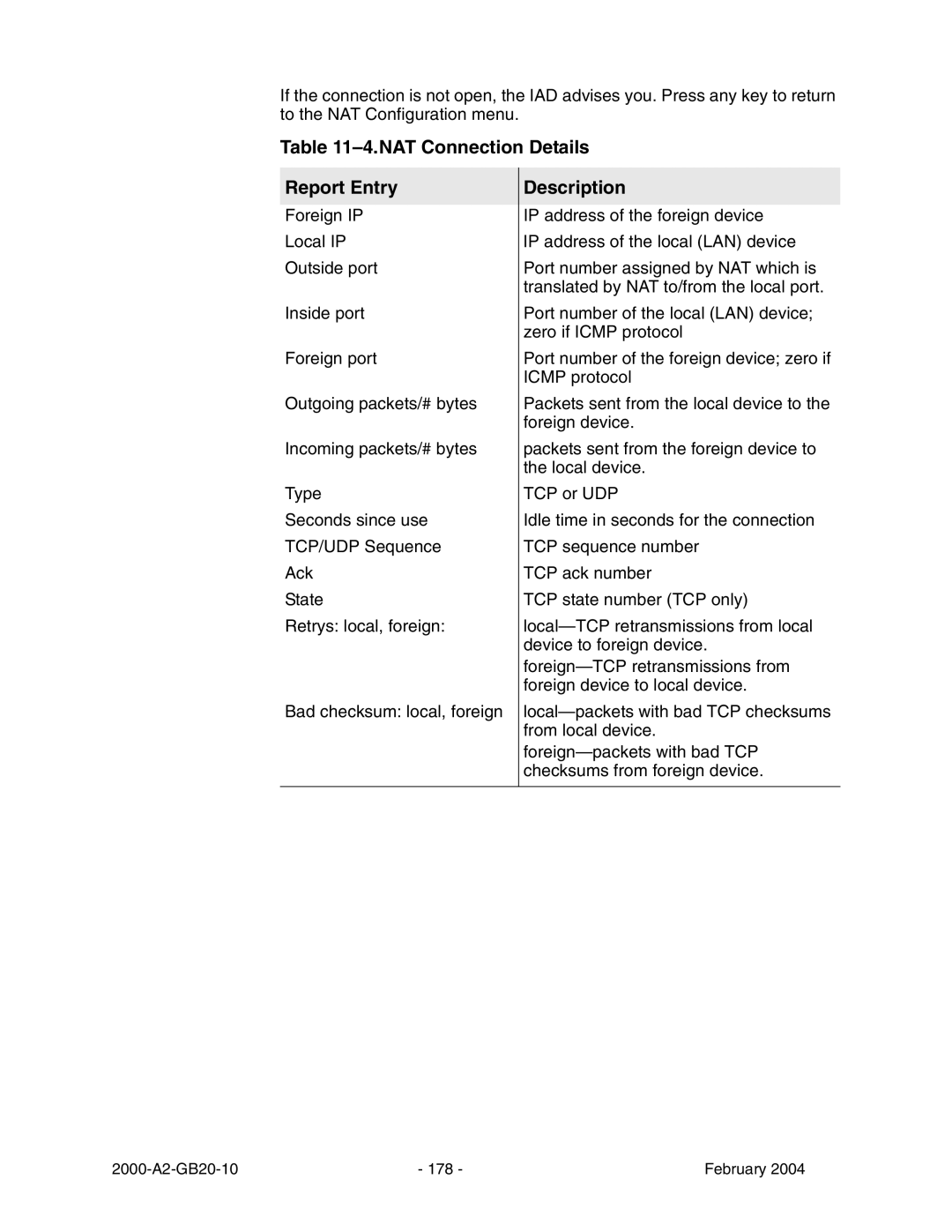 Paradyne JetFusion Integrated Access Device manual NAT Connection Details Report Entry 