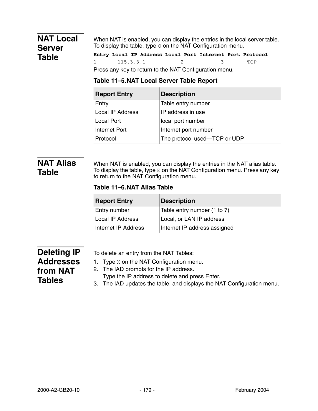 Paradyne JetFusion Integrated Access Device manual NAT Alias Table, Deleting IP Addresses from NAT Tables 