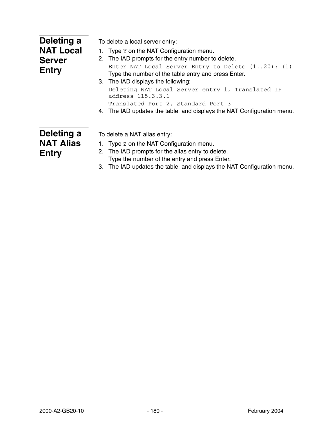 Paradyne JetFusion Integrated Access Device manual Deleting a NAT Local Server Entry NAT Alias 