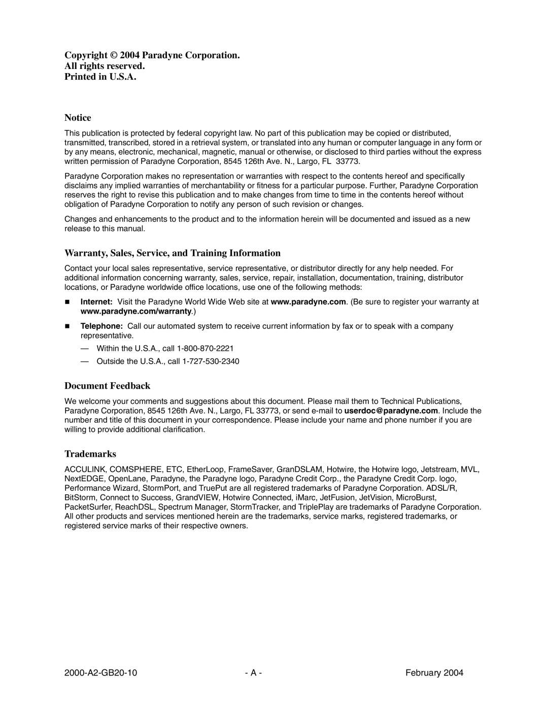 Paradyne JetFusion Integrated Access Device manual Copyright 2004 Paradyne Corporation All rights reserved 