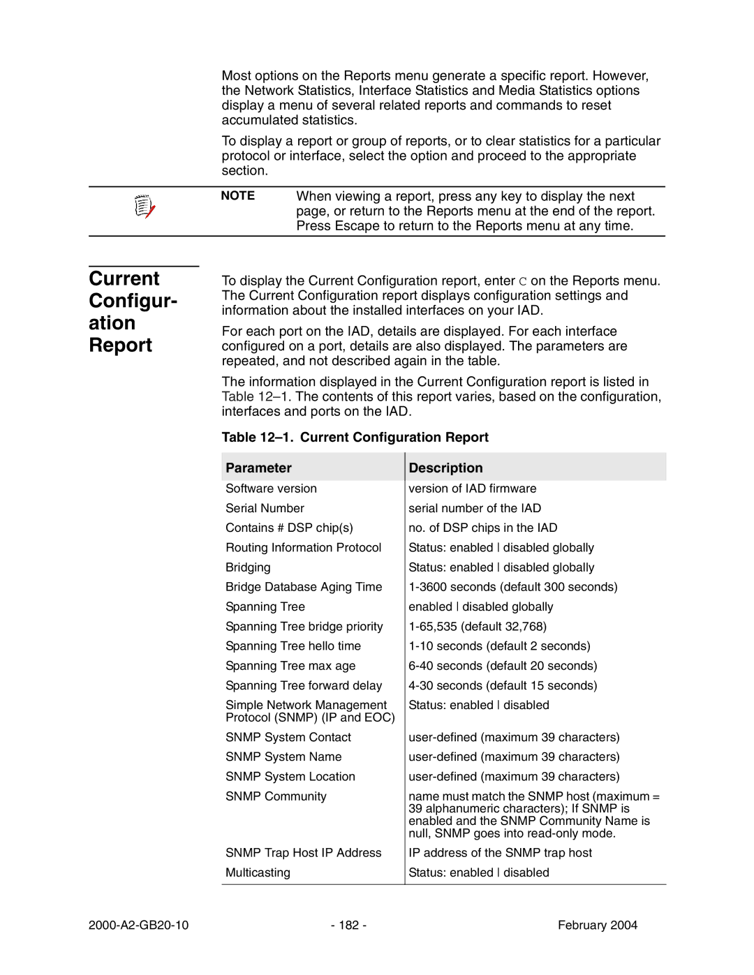 Paradyne JetFusion Integrated Access Device manual Current Configur- ation Report, Current Configuration Report Parameter 