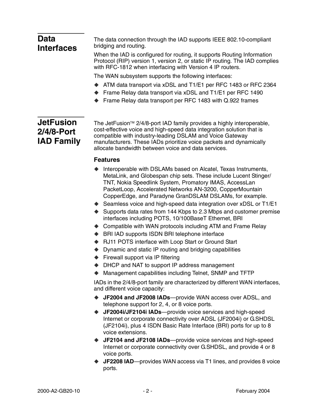 Paradyne JetFusion Integrated Access Device manual Data Interfaces, JetFusion 2/4/8-Port IAD Family, Features 