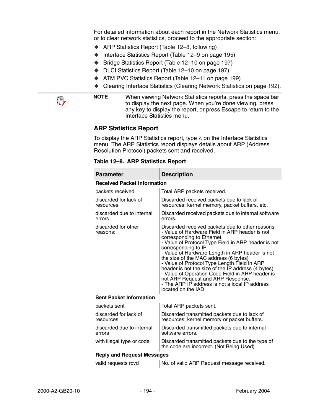 Paradyne JetFusion Integrated Access Device manual ARP Statistics Report Parameter Description 