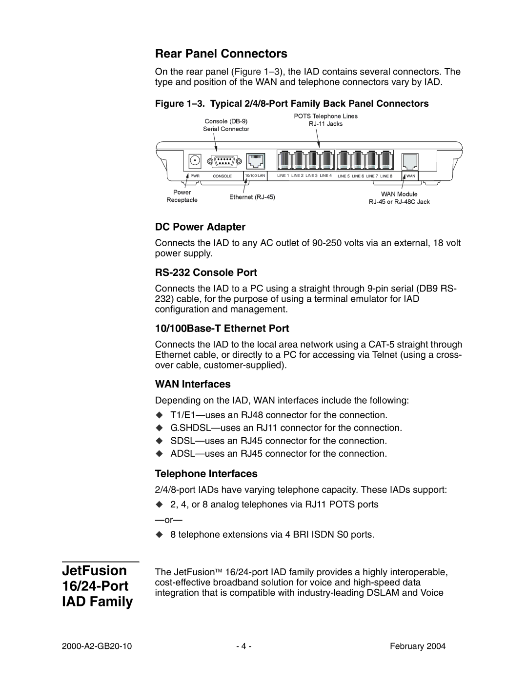 Paradyne JetFusion Integrated Access Device manual JetFusion 16/24-Port IAD Family, Rear Panel Connectors 