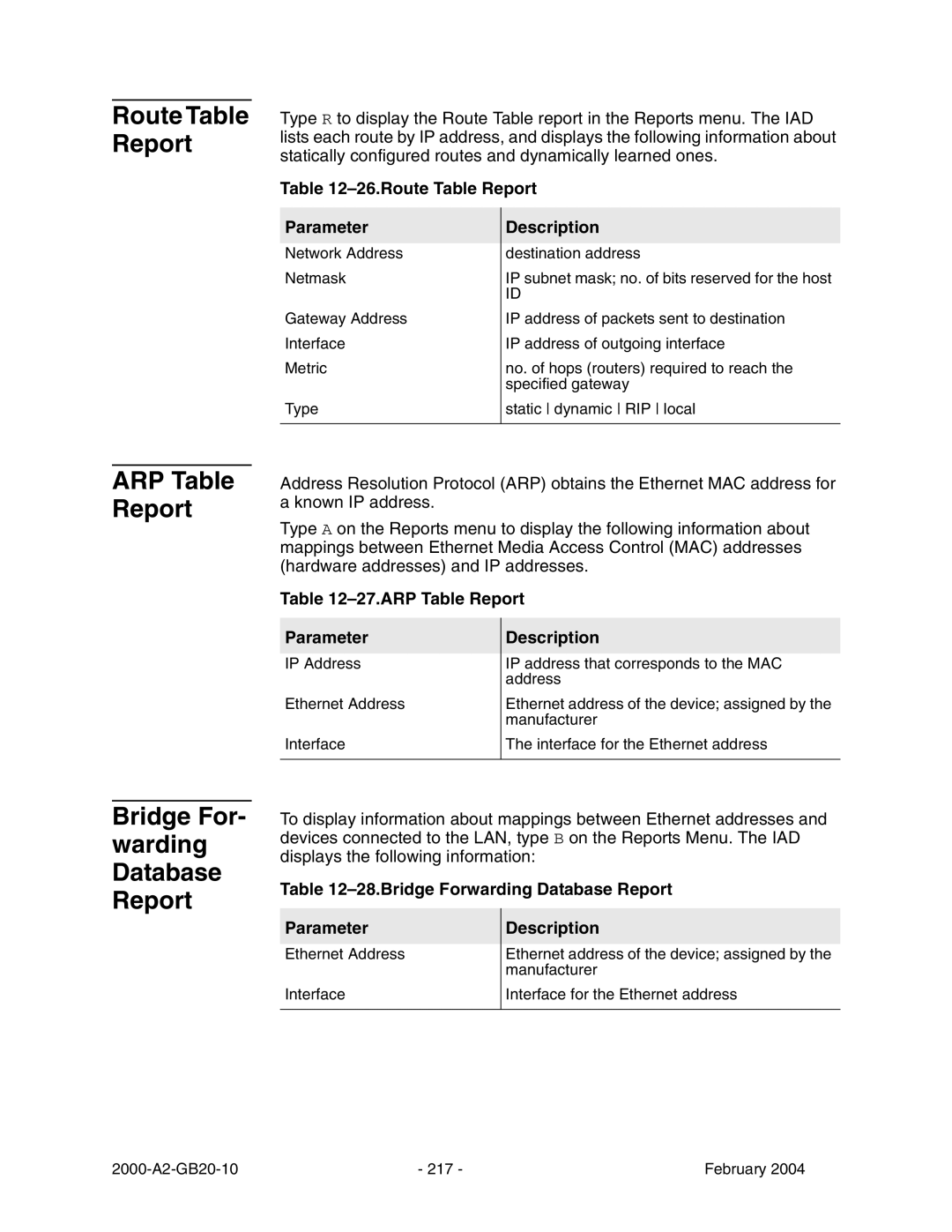 Paradyne JetFusion Integrated Access Device manual ARP Table Report, Bridge For- warding Database Report 