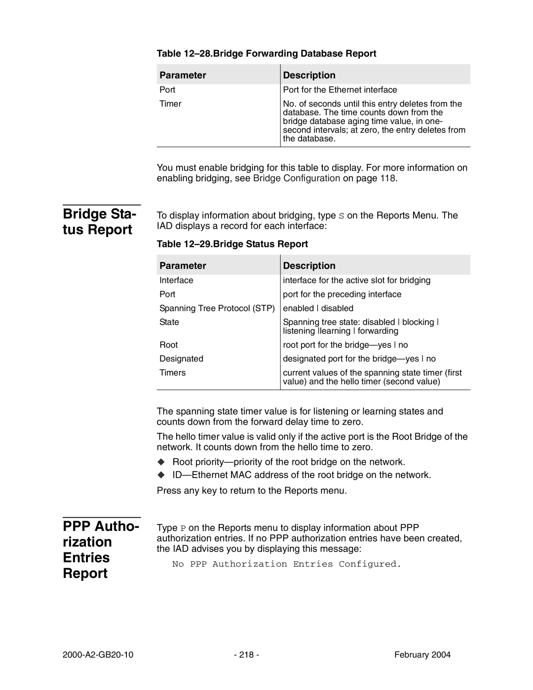 Paradyne JetFusion Integrated Access Device manual Bridge Sta- tus Report, PPP Autho Rization Entries Report 