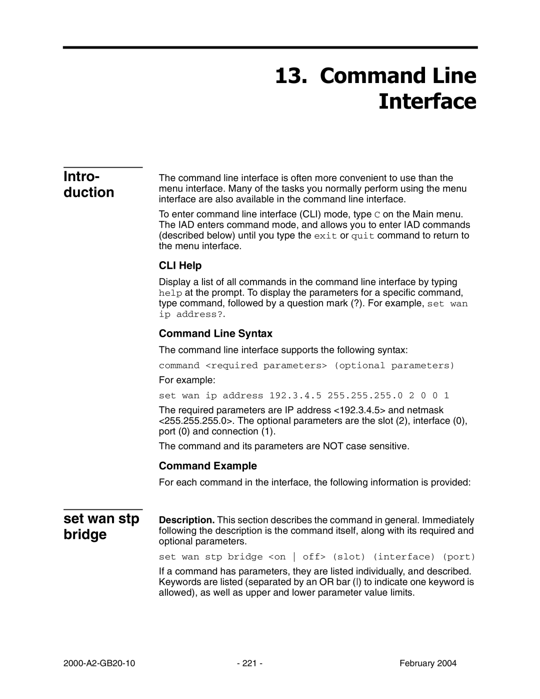 Paradyne JetFusion Integrated Access Device manual Intro- duction Set wan stp bridge, CLI Help, Command Line Syntax 