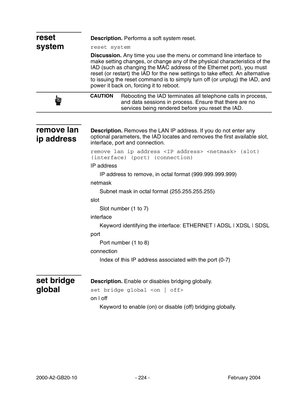 Paradyne JetFusion Integrated Access Device manual Reset system, Remove lan ip address Set bridge global 