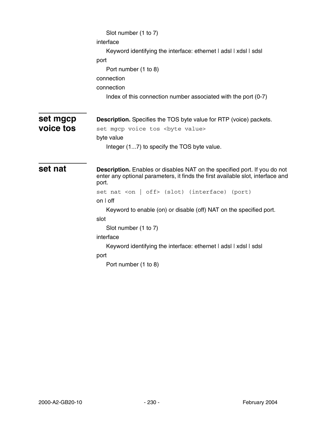 Paradyne JetFusion Integrated Access Device manual Set mgcp voice tos Set nat 