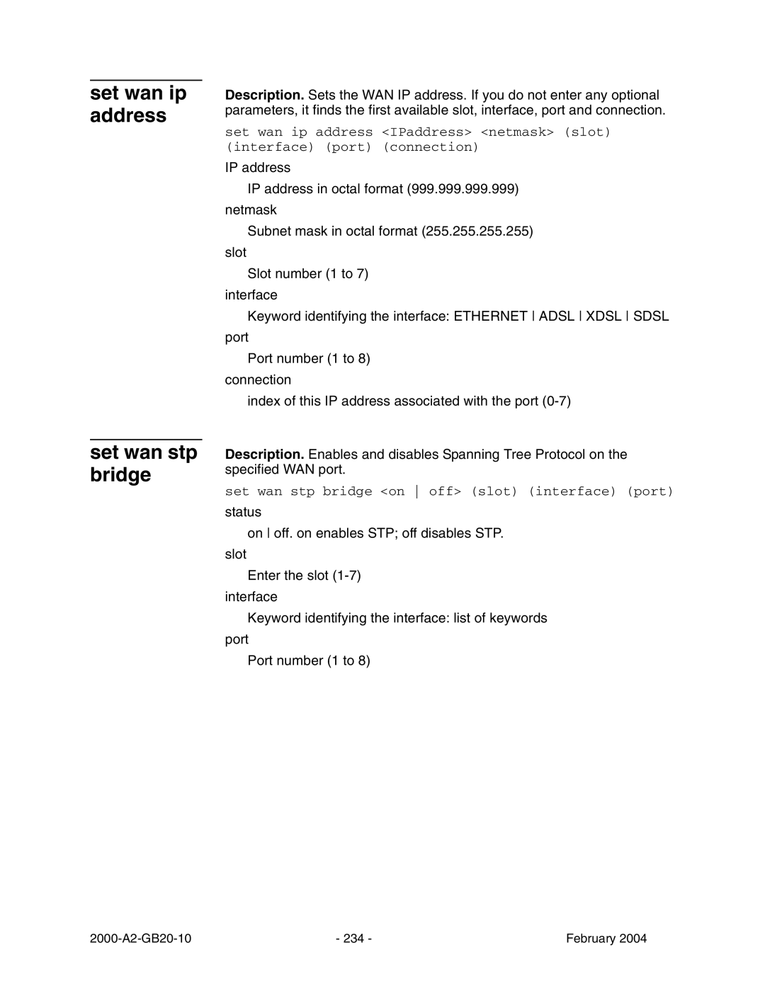 Paradyne JetFusion Integrated Access Device manual Set wan ip address Set wan stp bridge 