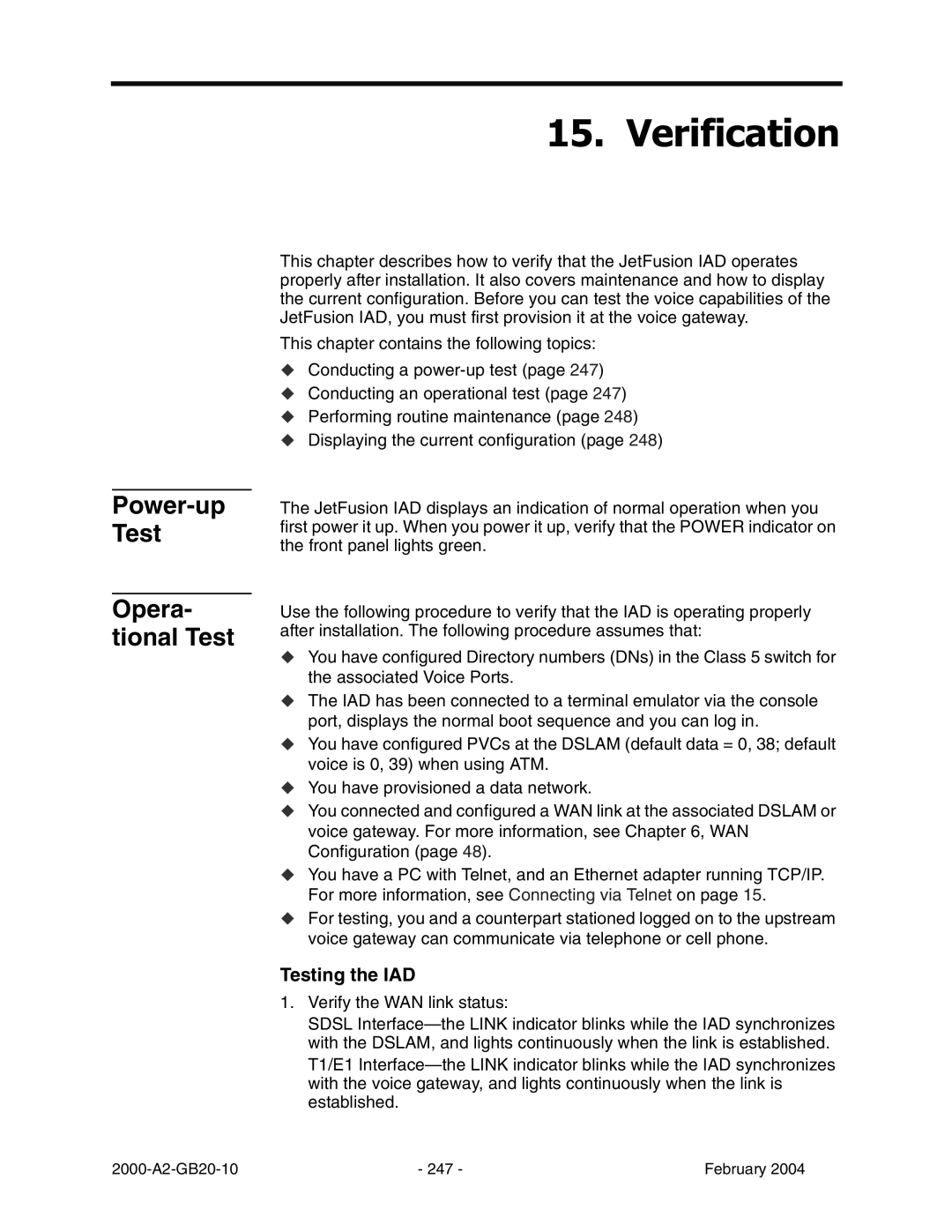 Paradyne JetFusion Integrated Access Device manual Power-up Test Opera- tional Test, Testing the IAD 