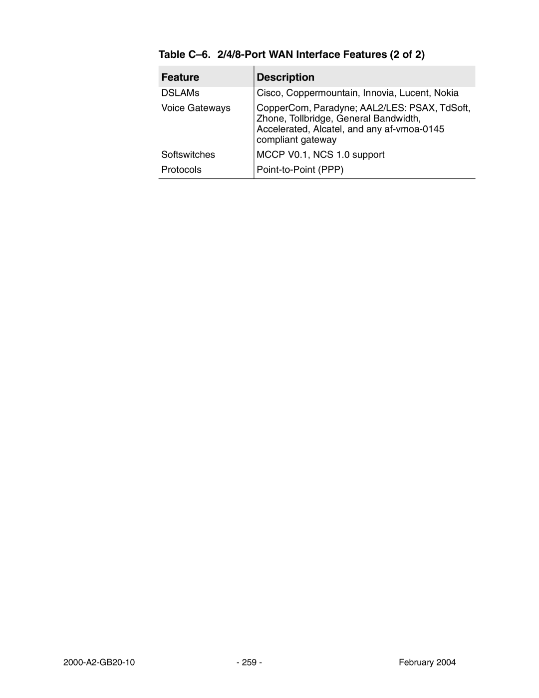 Paradyne JetFusion Integrated Access Device manual Table C-6 /4/8-Port WAN Interface Features 2 