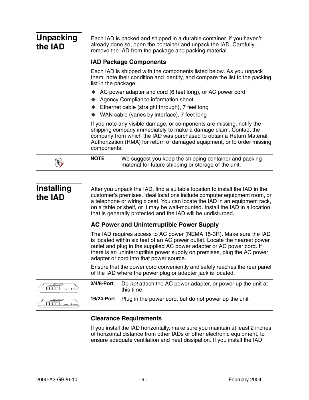 Paradyne JetFusion Integrated Access Device manual Unpacking the IAD, Installing the IAD, IAD Package Components 