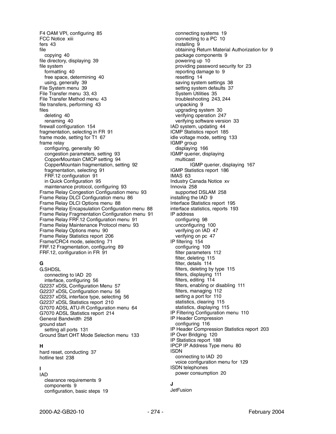 Paradyne JetFusion Integrated Access Device manual 2000-A2-GB20-10 274 February 