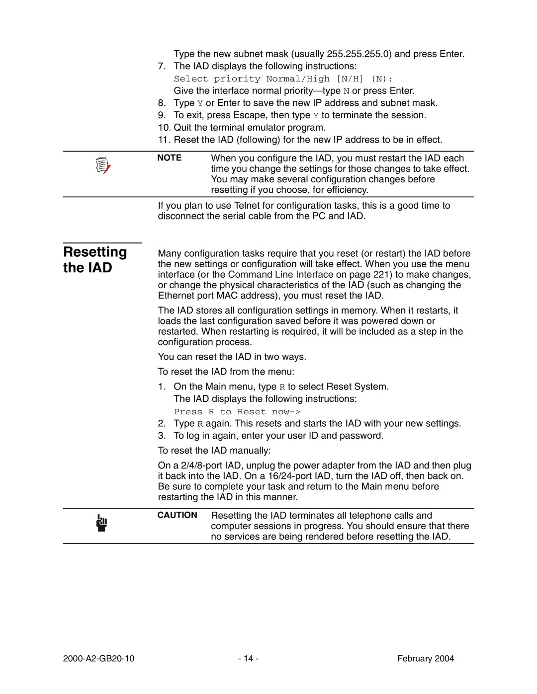 Paradyne JetFusion Integrated Access Device manual Resetting the IAD 