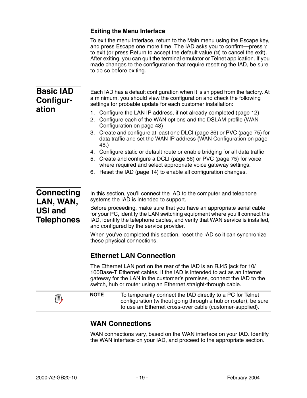 Paradyne JetFusion Integrated Access Device Basic IAD Configur- ation Connecting, USI Telephones, Ethernet LAN Connection 