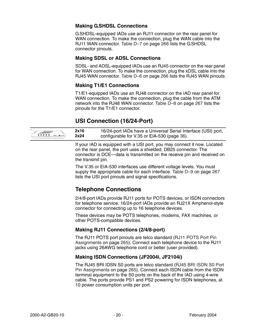 Paradyne JetFusion Integrated Access Device manual USI Connection 16/24-Port, Telephone Connections 