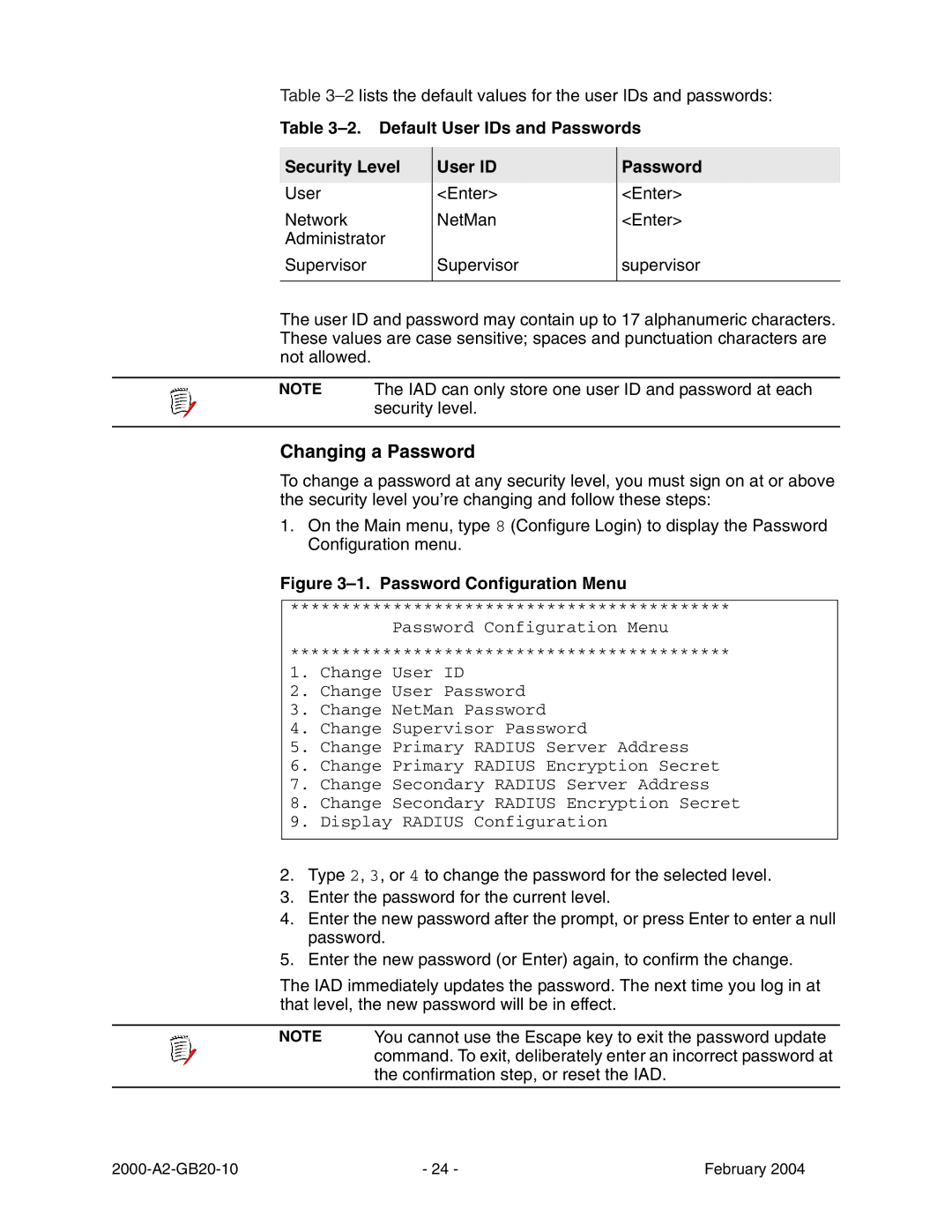 Paradyne JetFusion Integrated Access Device manual Changing a Password, Default User IDs and Passwords Security Level 