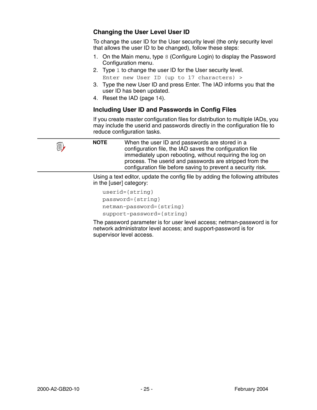 Paradyne JetFusion Integrated Access Device manual Changing the User Level User ID 