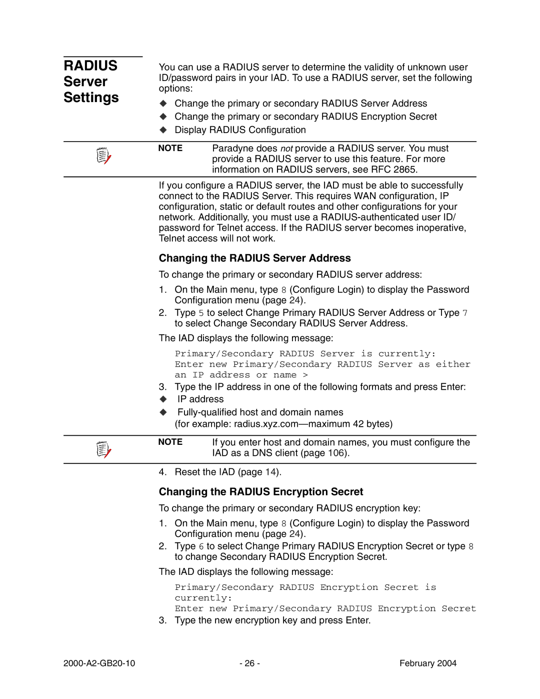 Paradyne JetFusion Integrated Access Device manual Server Settings, Changing the Radius Server Address 