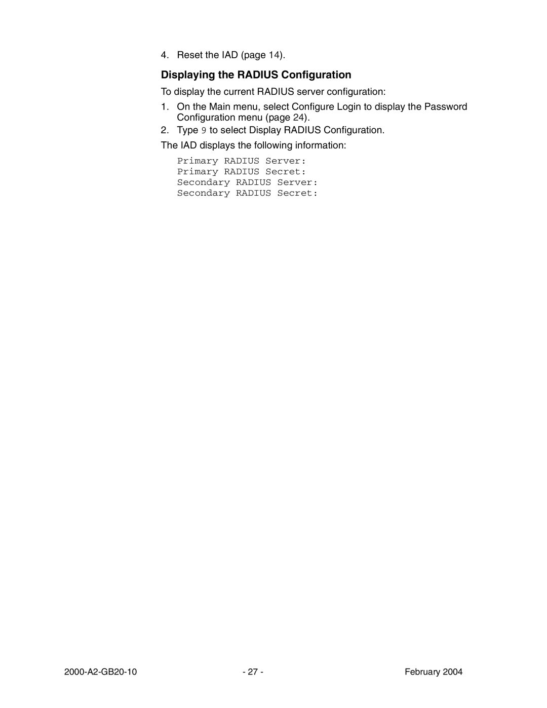 Paradyne JetFusion Integrated Access Device manual Displaying the Radius Configuration 