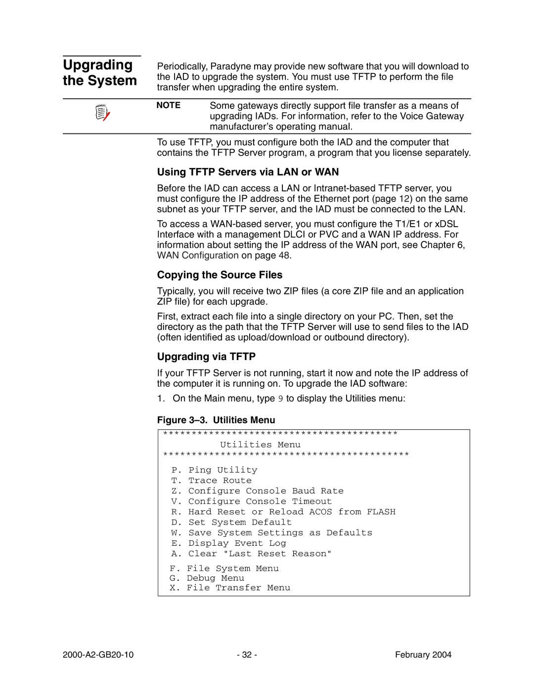 Paradyne JetFusion Integrated Access Device Upgrading the System, Using Tftp Servers via LAN or WAN, Upgrading via Tftp 