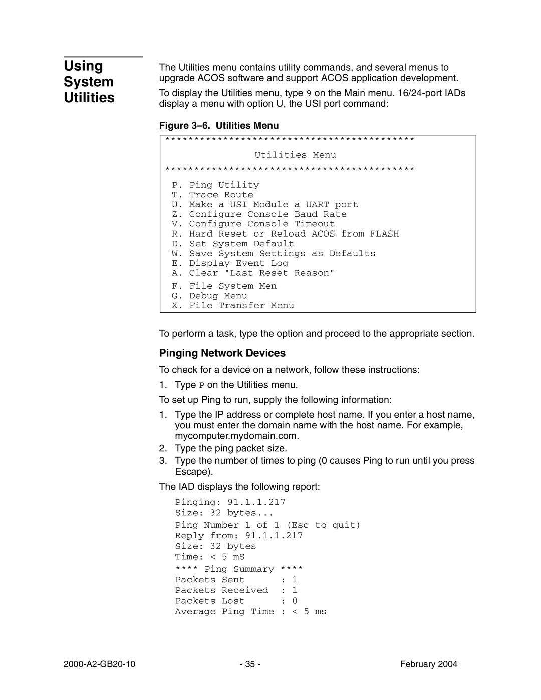 Paradyne JetFusion Integrated Access Device manual Using System Utilities, Pinging Network Devices 