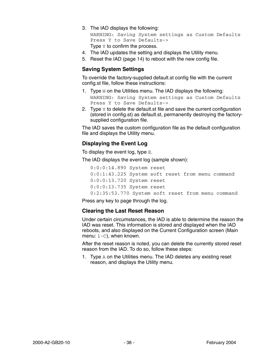 Paradyne JetFusion Integrated Access Device manual Saving System Settings, Displaying the Event Log 