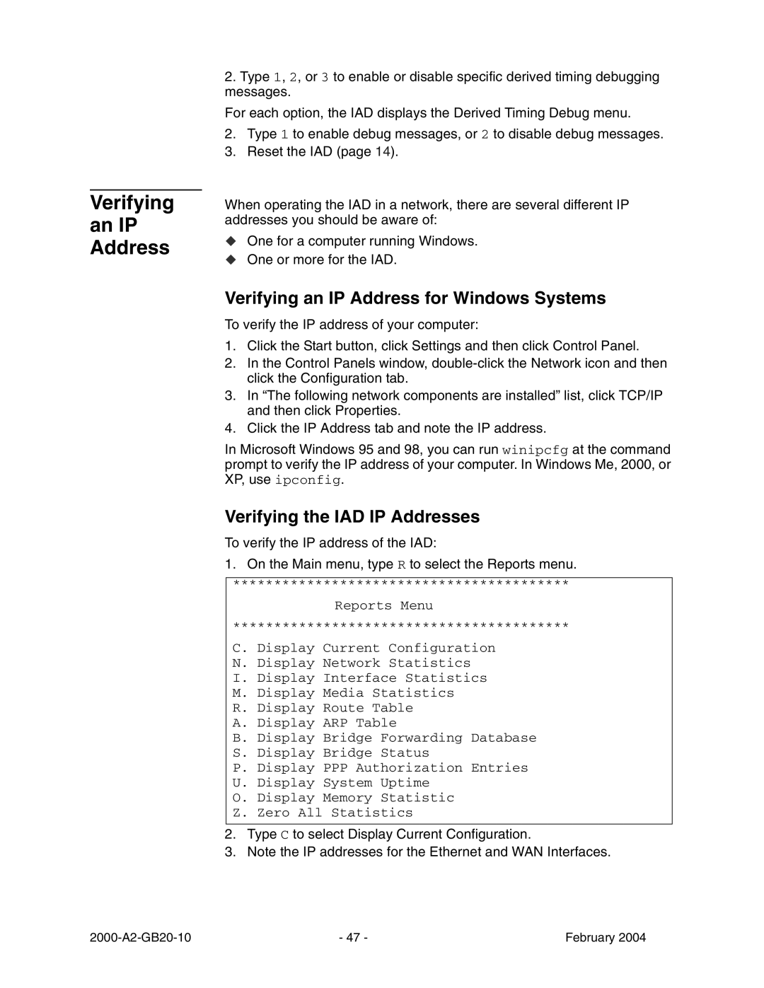 Paradyne JetFusion Integrated Access Device manual Verifying An IP Address, Verifying an IP Address for Windows Systems 