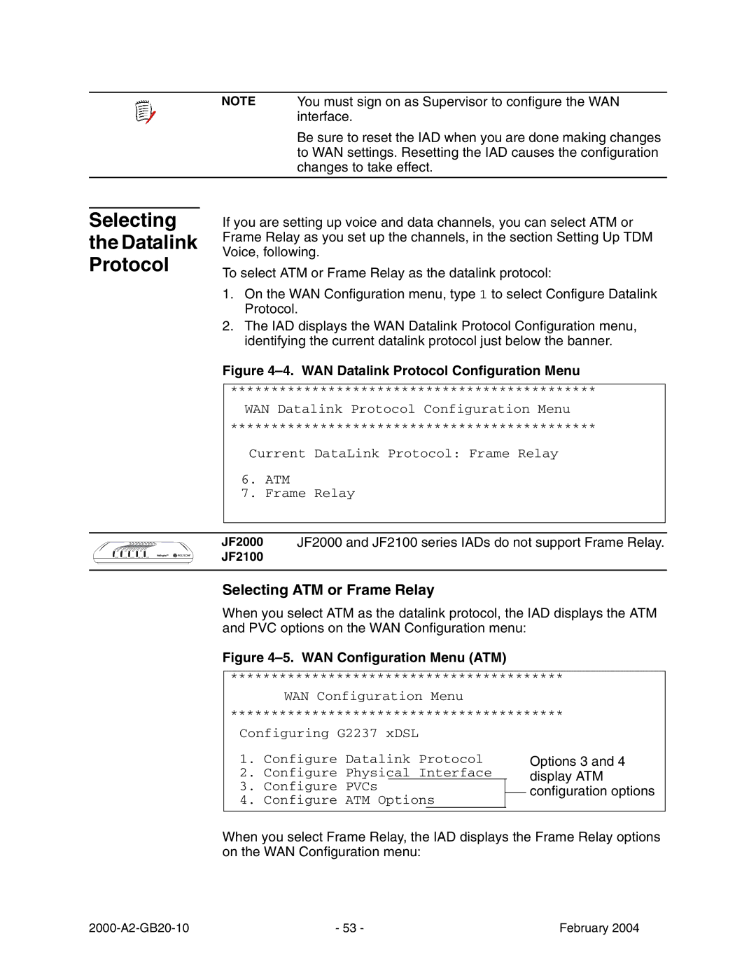 Paradyne JetFusion Integrated Access Device manual Selecting the Datalink Protocol, Selecting ATM or Frame Relay 