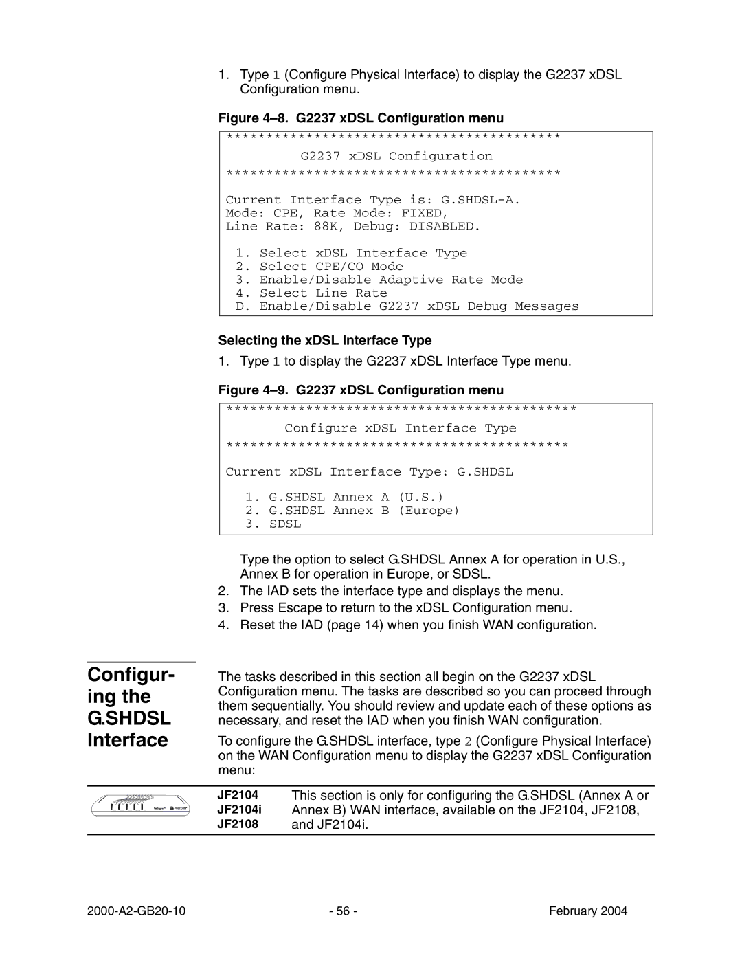 Paradyne JetFusion Integrated Access Device manual Configur- ing Shdsl Interface, Selecting the xDSL Interface Type 