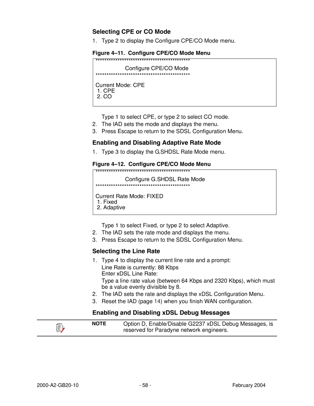 Paradyne JetFusion Integrated Access Device manual Selecting CPE or CO Mode, Enabling and Disabling Adaptive Rate Mode 