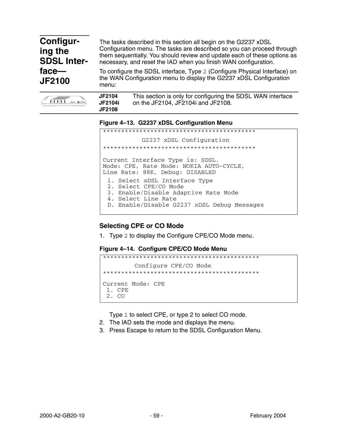 Paradyne JetFusion Integrated Access Device Configur- ing the Sdsl Inter- face- JF2100, 13. G2237 xDSL Configuration Menu 