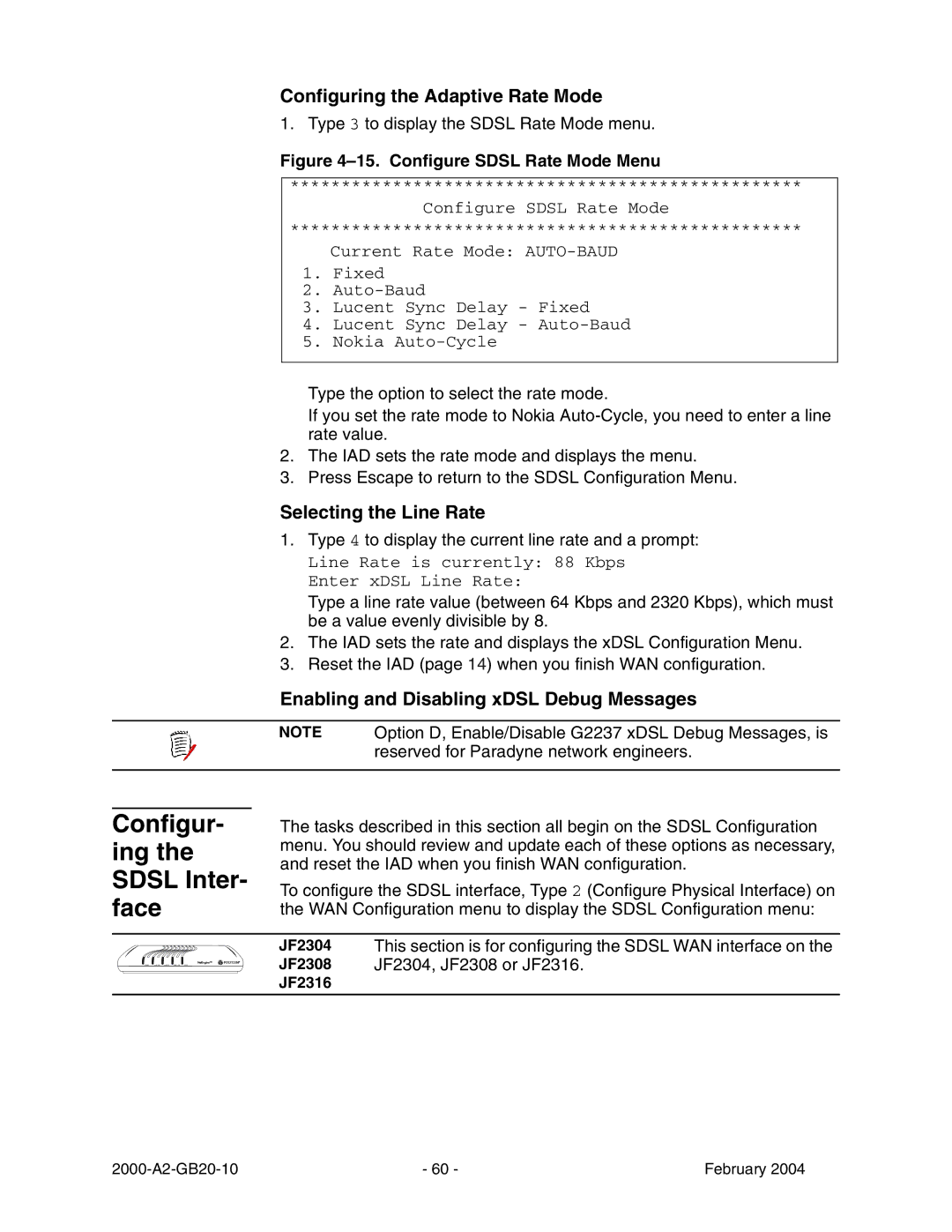 Paradyne JetFusion Integrated Access Device manual Configur- ing the Sdsl Inter- face, Configuring the Adaptive Rate Mode 