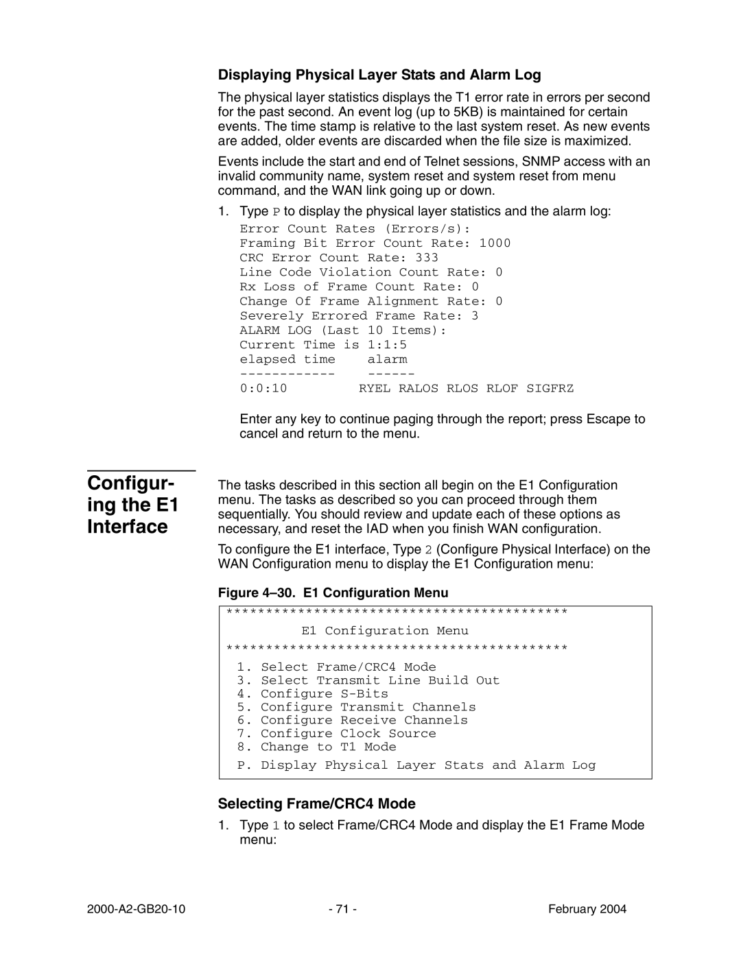 Paradyne JetFusion Integrated Access Device Configur- ing the E1 Interface, Displaying Physical Layer Stats and Alarm Log 