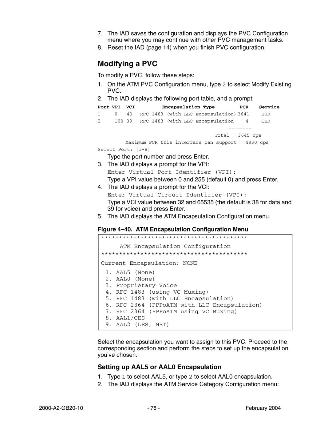 Paradyne JetFusion Integrated Access Device manual Modifying a PVC, Setting up AAL5 or AAL0 Encapsulation 
