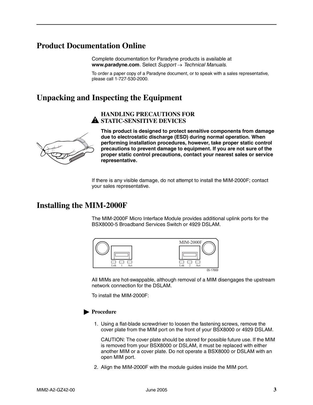 Paradyne Product Documentation Online, Unpacking and Inspecting the Equipment, Installing the MIM-2000F 